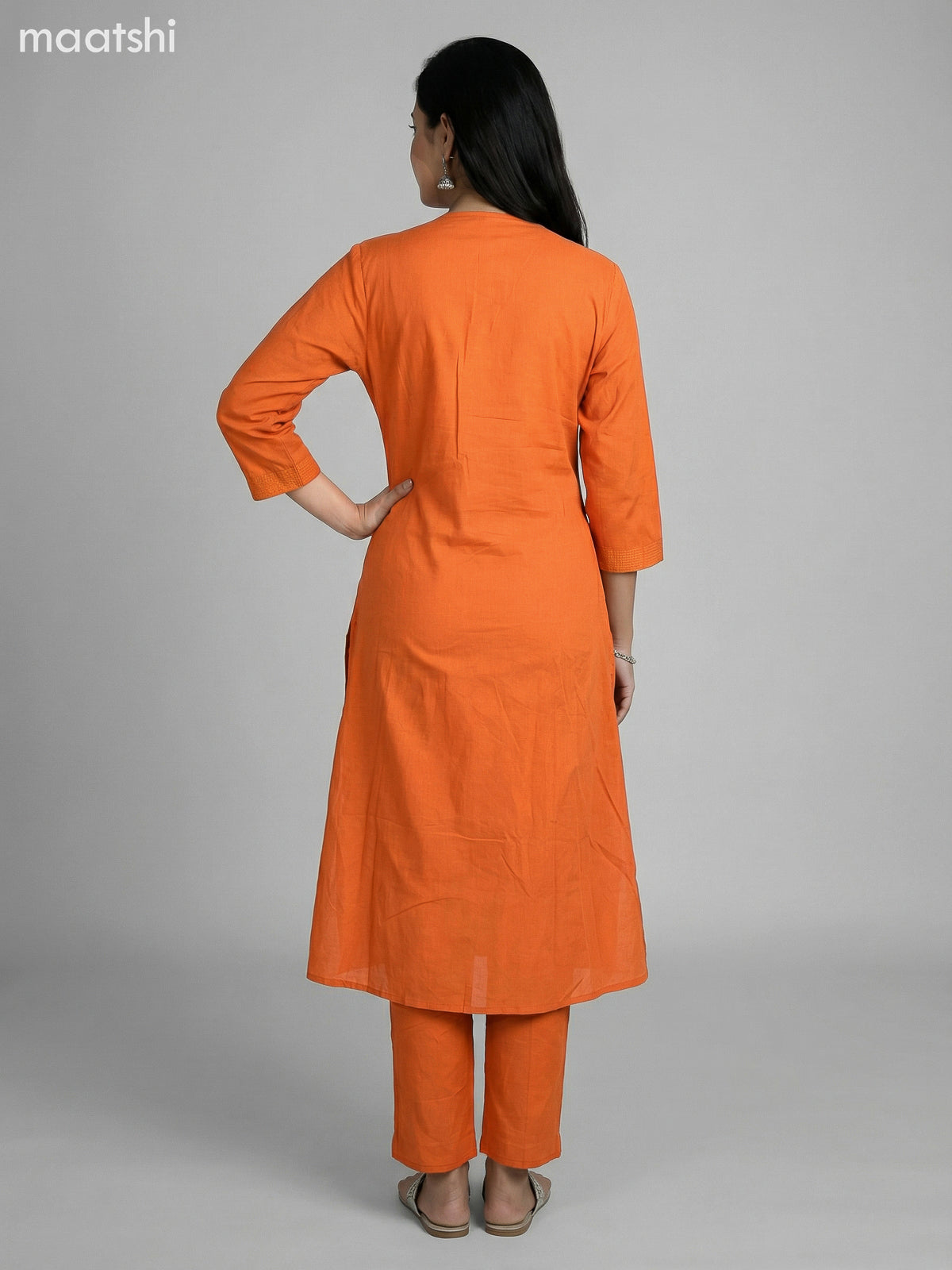 Rustic Orange Cotton V Neck Pattern Kurti Set