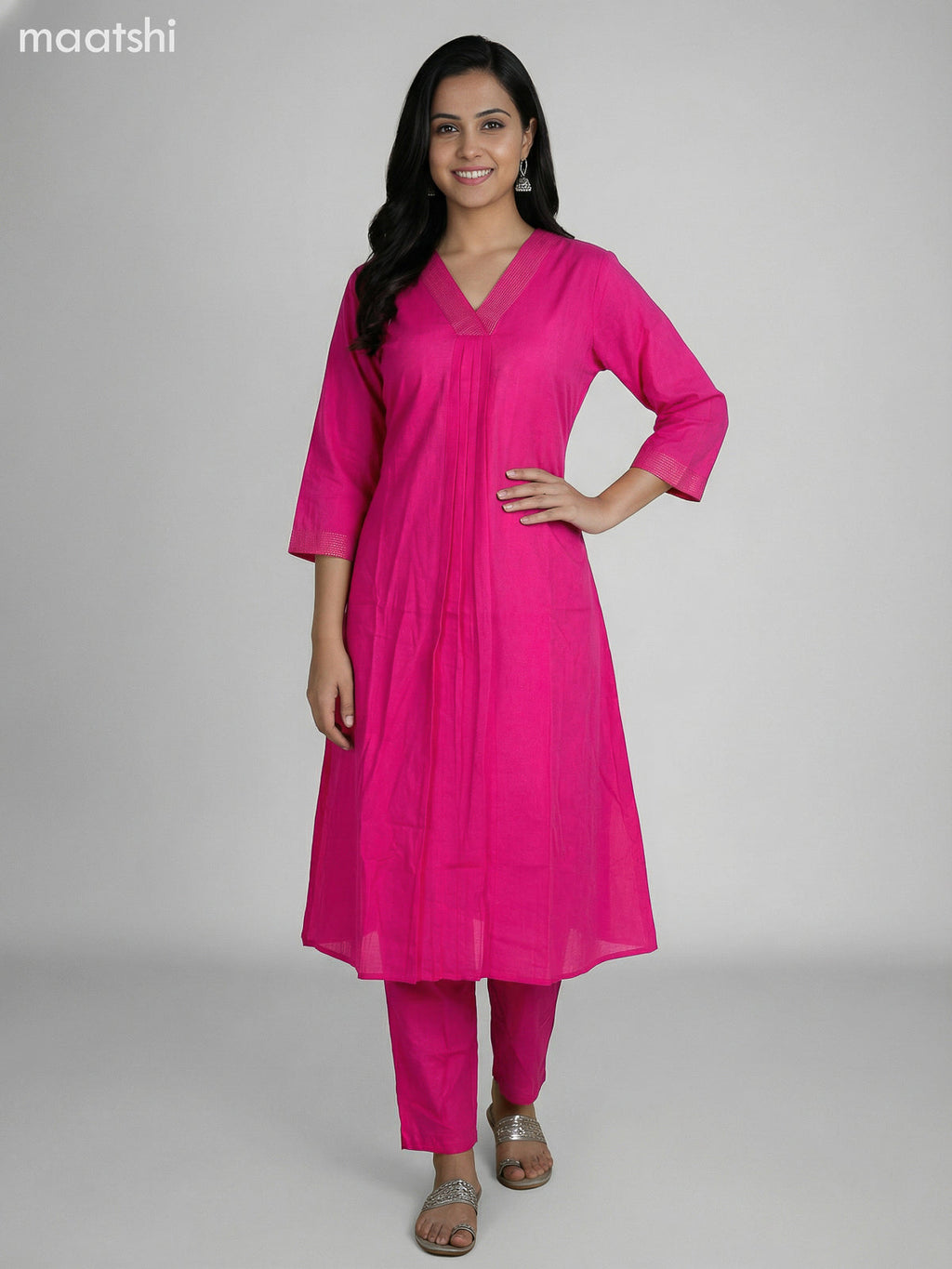 Pink Cotton V Neck Pattern Kurti Set