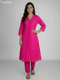 Pink Cotton V Neck Pattern Kurti Set