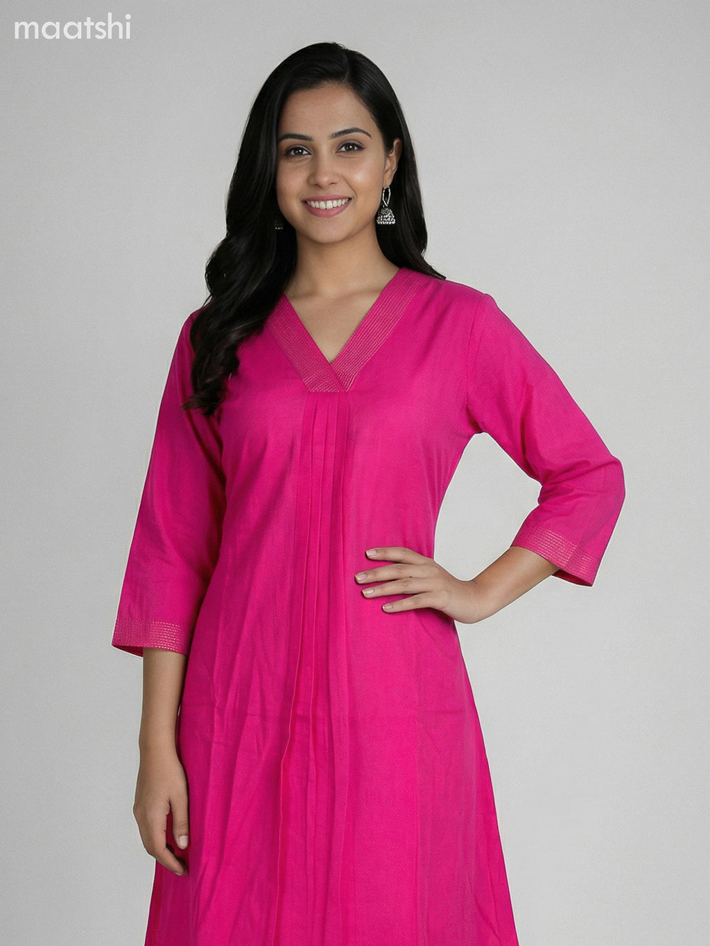 Pink Cotton V Neck Pattern Kurti Set