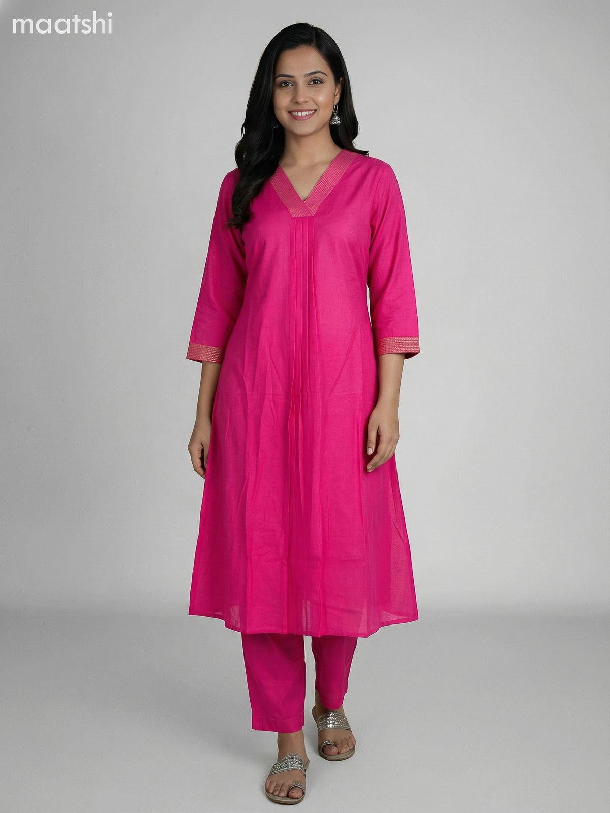 Pink Cotton V Neck Pattern Kurti Set