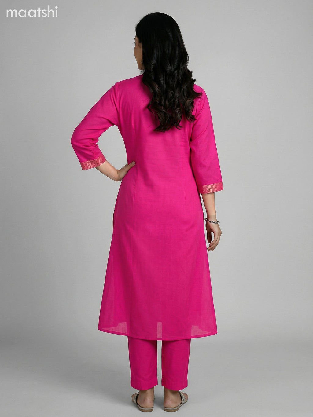 Pink Cotton V Neck Pattern Kurti Set