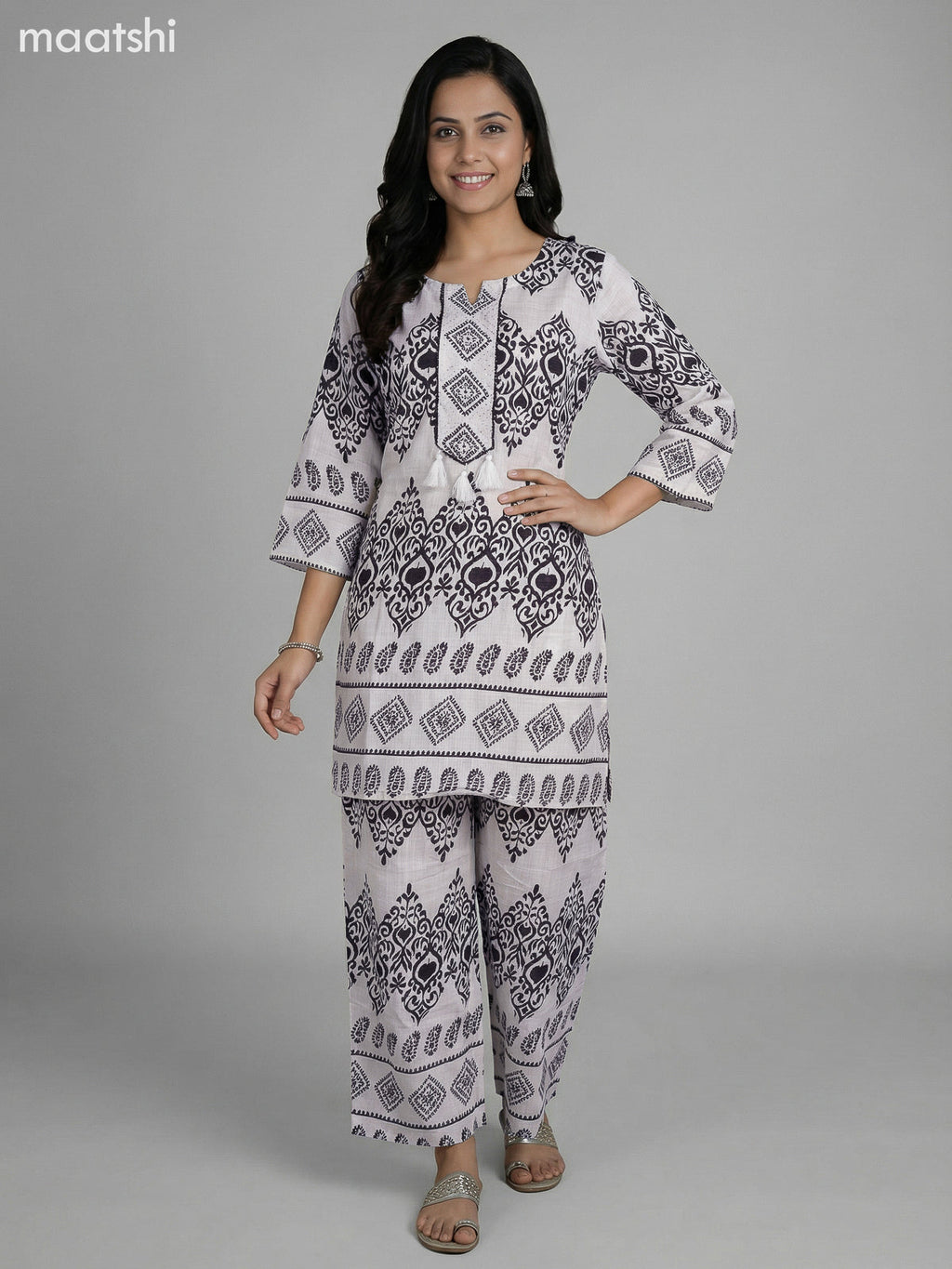 Off White Semi Silk Printed Co-Ord Set