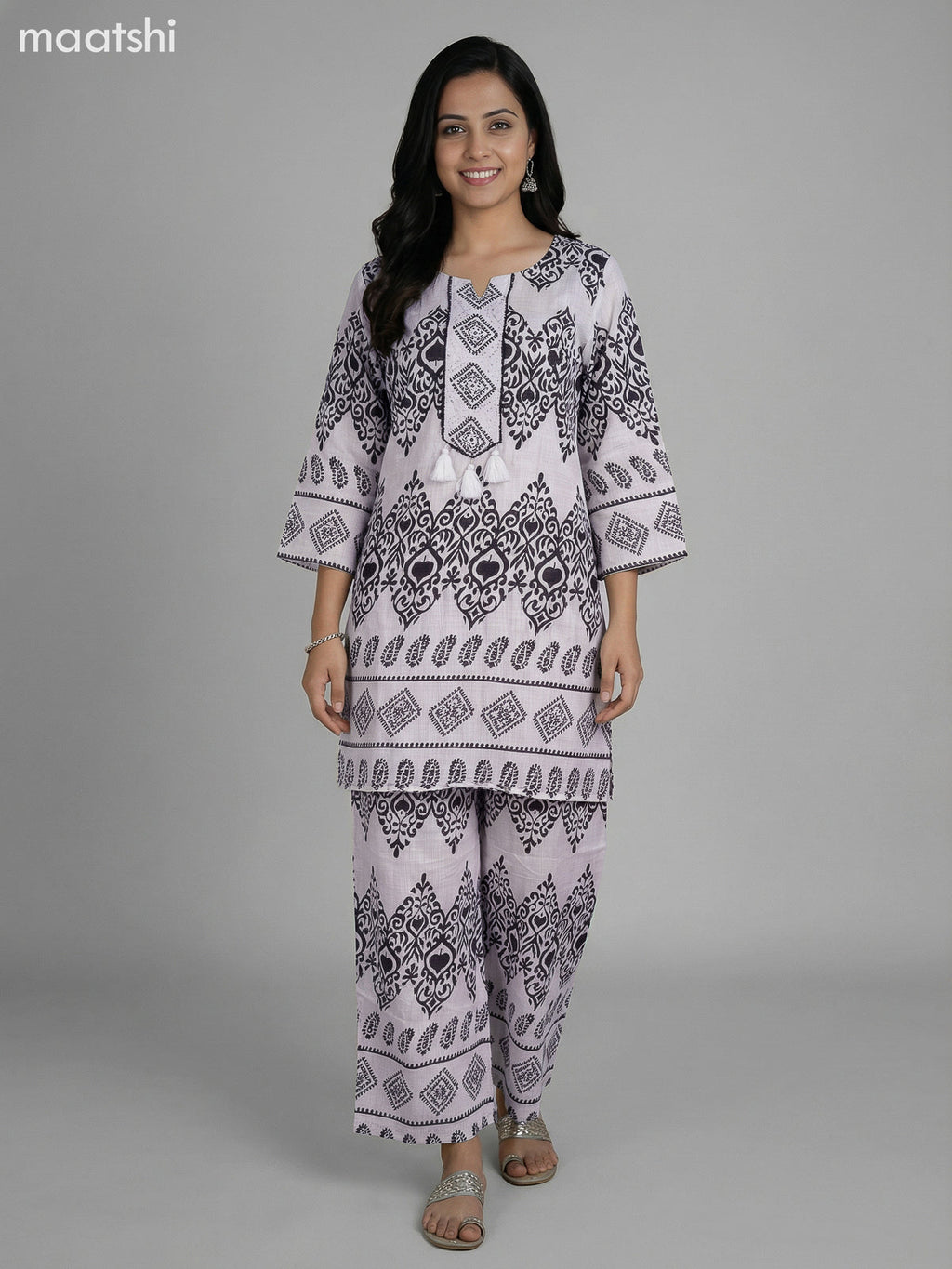 Off White Semi Silk Printed Co-Ord Set