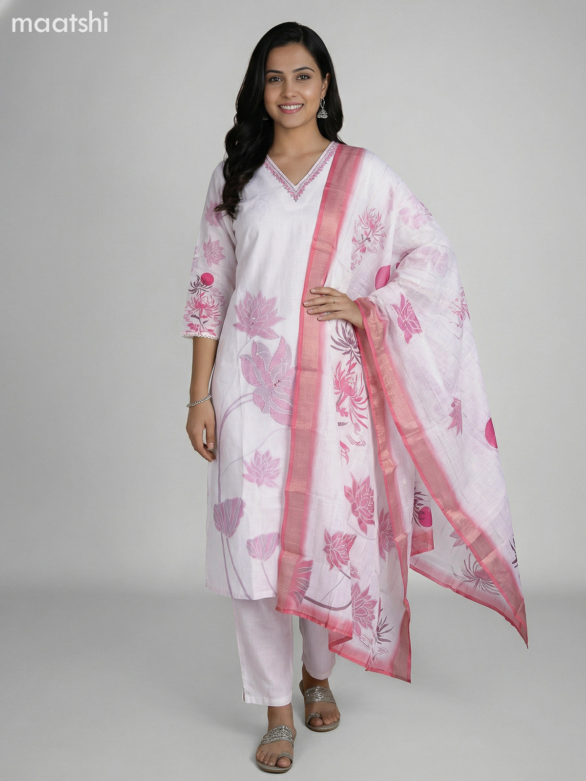 Off White and Pink Cotton Blend Floral Printed Straight Suit