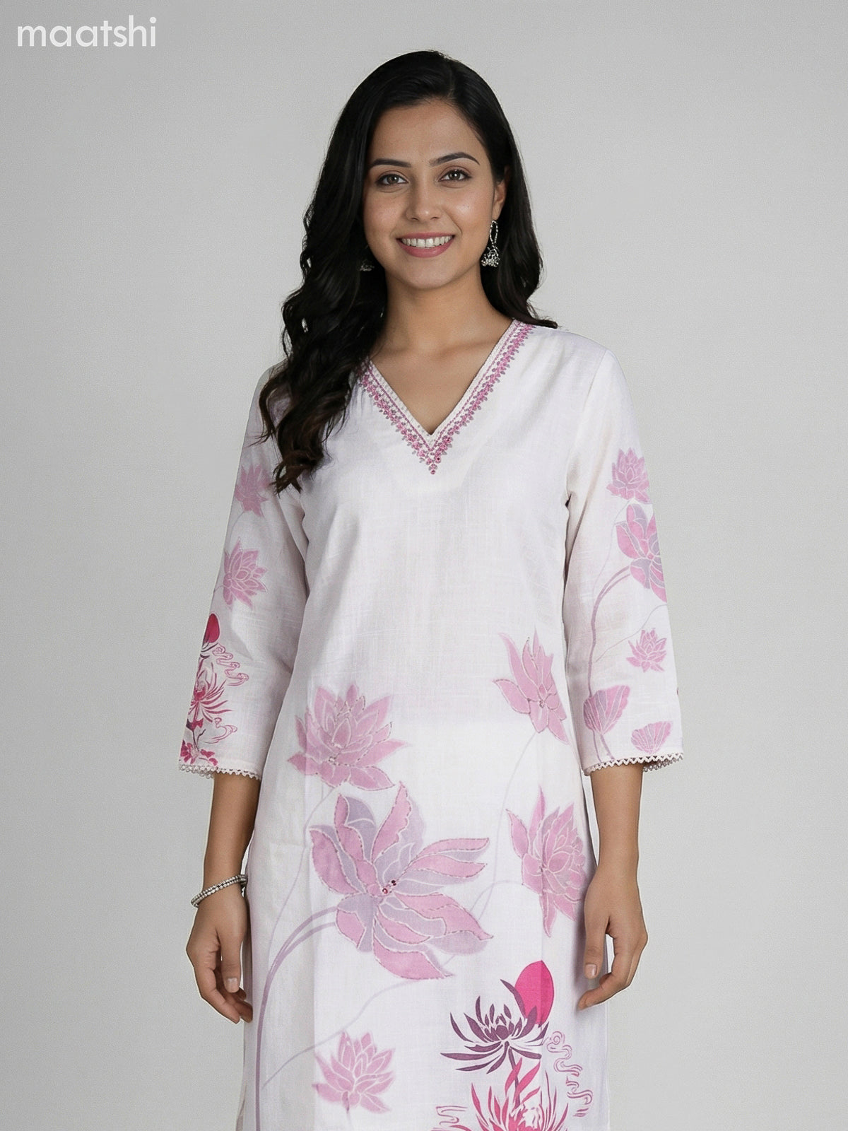 Off White and Pink Cotton Blend Floral Printed Straight Suit