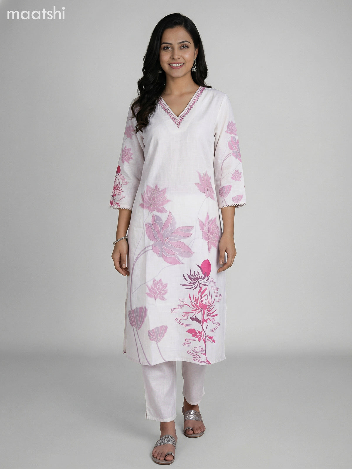Off White and Pink Cotton Blend Floral Printed Straight Suit