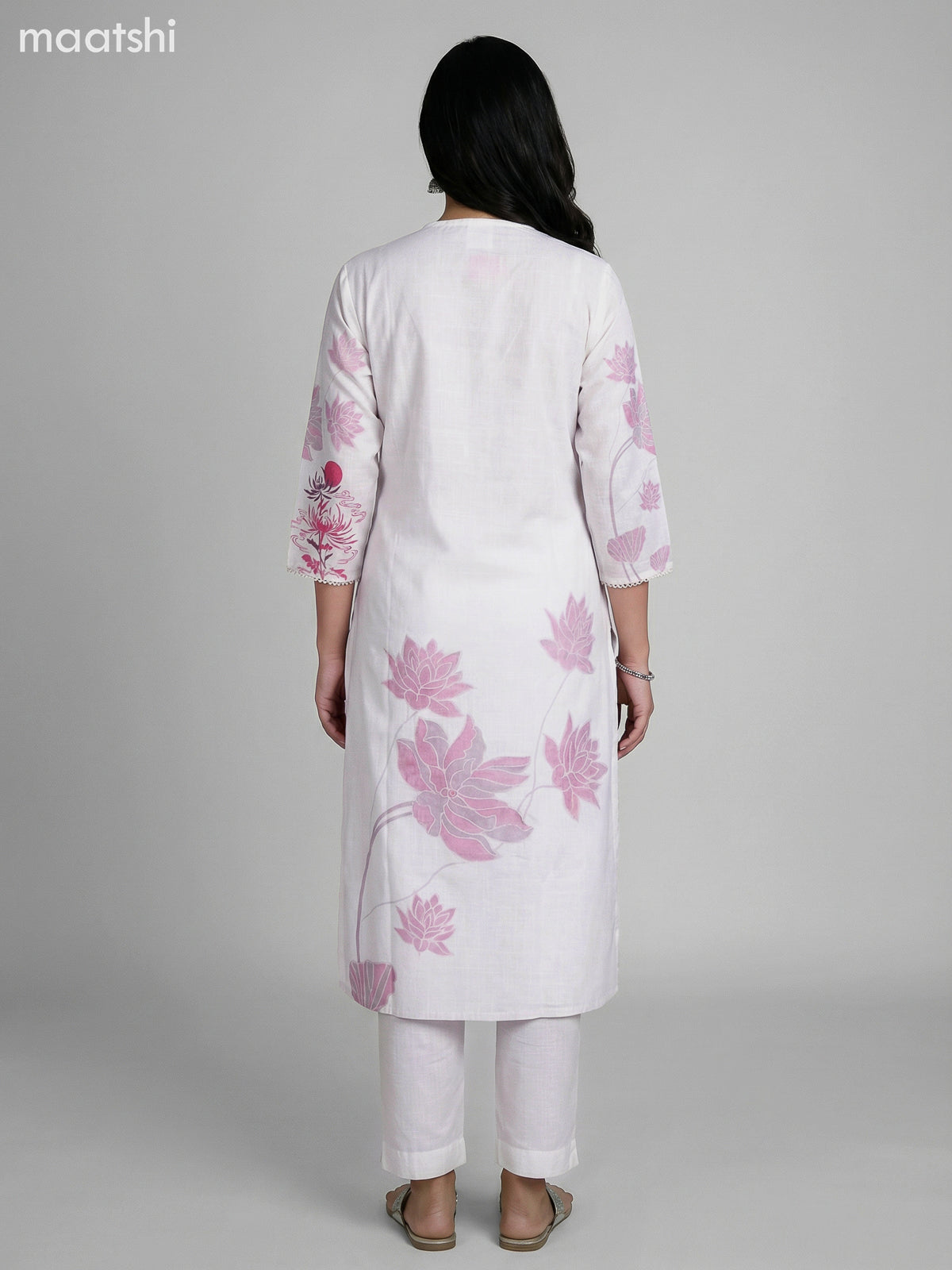 Off White and Pink Cotton Blend Floral Printed Straight Suit