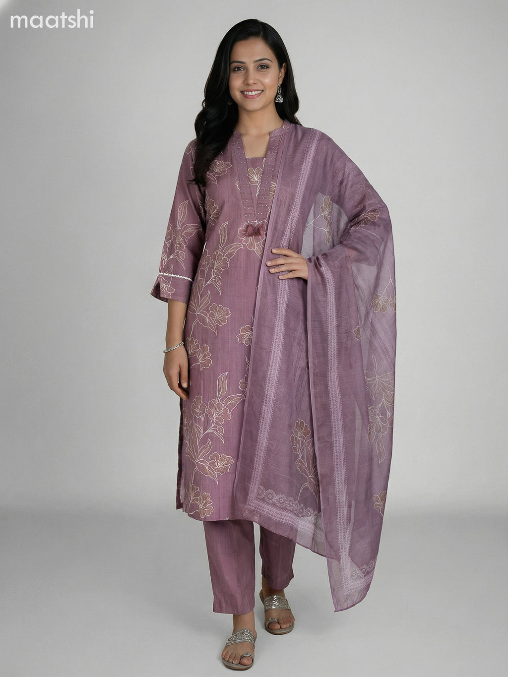 Rosy Brown Semi Silk Floral Printed Straight Suit