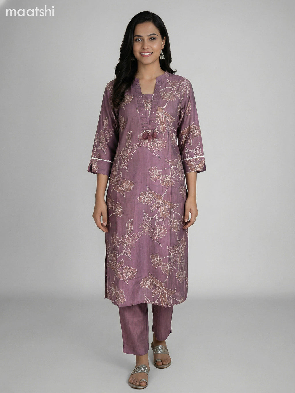 Rosy Brown Semi Silk Floral Printed Straight Suit