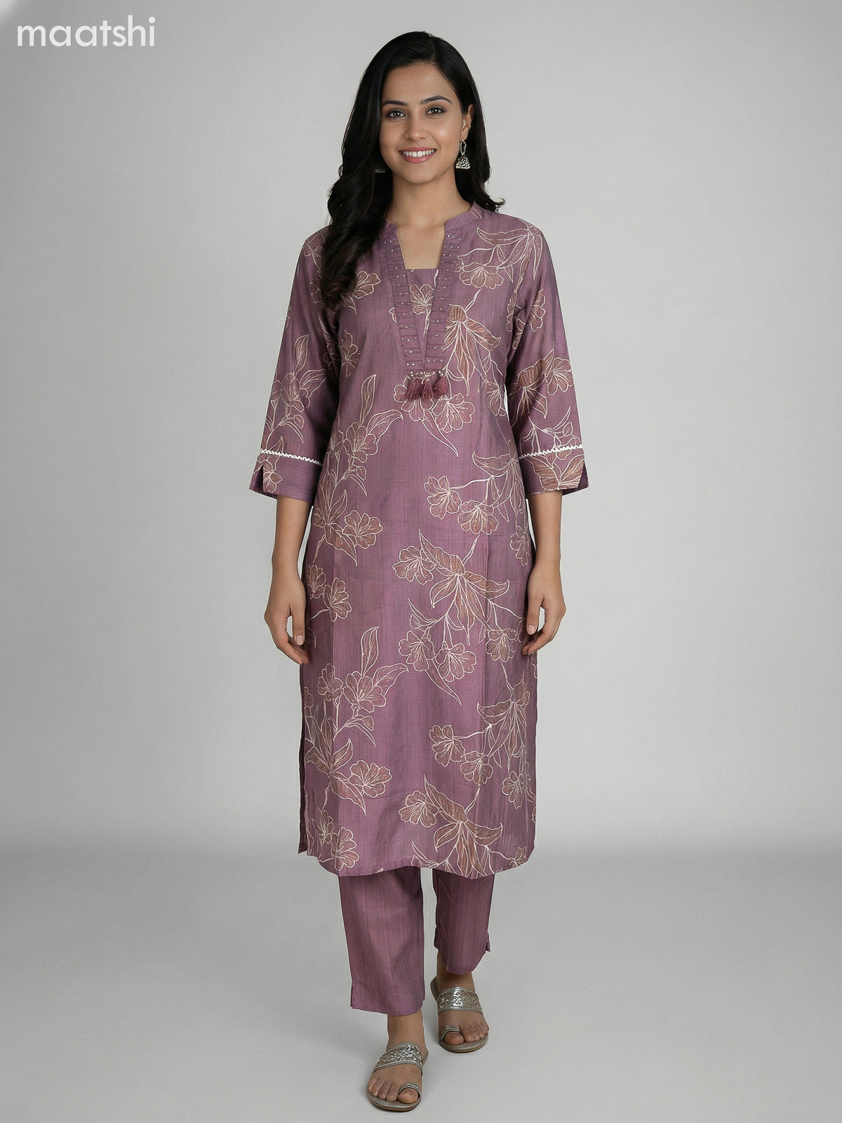 Rosy Brown Semi Silk Floral Printed Straight Suit