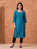 Teal Blue Art Silk Embroidery Work Long Straight Kurti