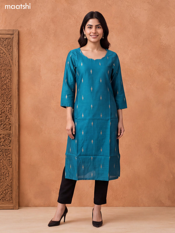 Teal Blue Art Silk Embroidery Work Long Straight Kurti