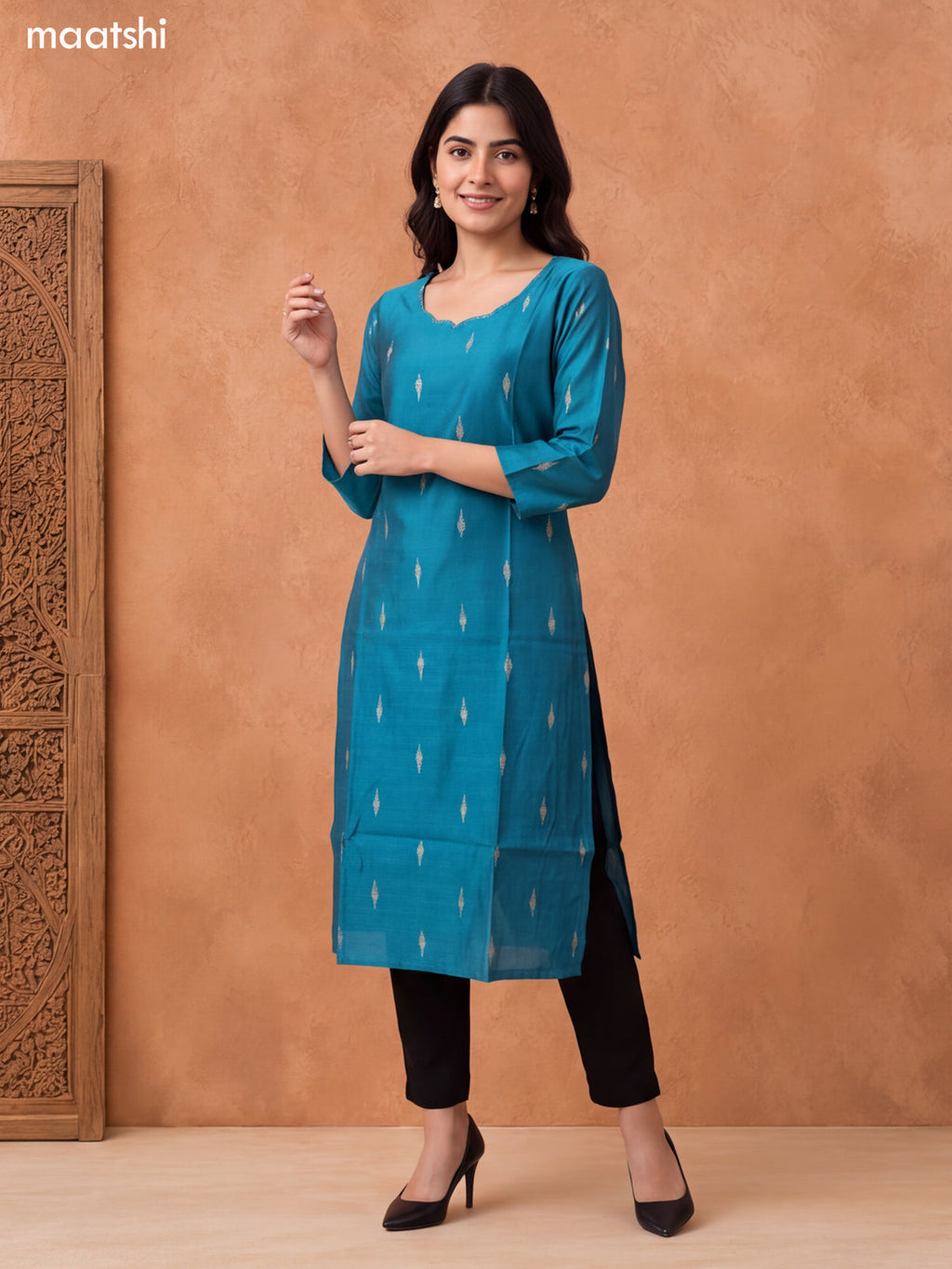 Teal Blue Art Silk Embroidery Work Long Straight Kurti