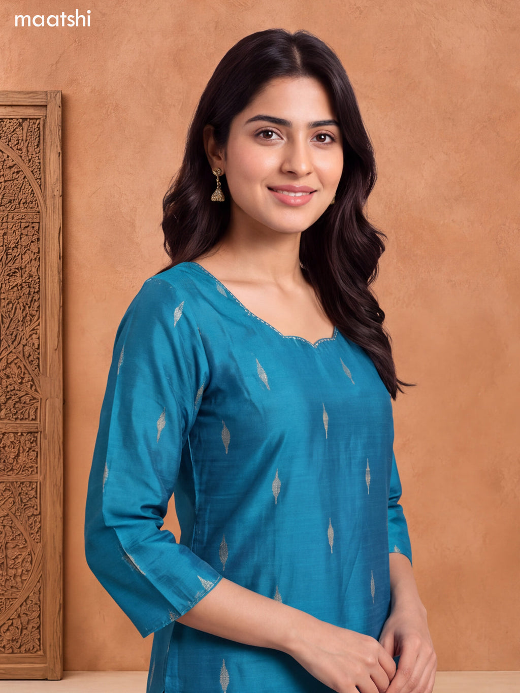 Teal Blue Art Silk Embroidery Work Long Straight Kurti