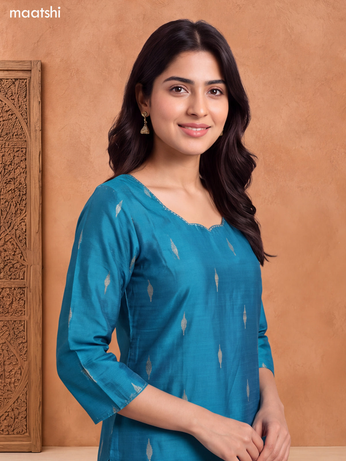 Teal Blue Art Silk Embroidery Work Long Straight Kurti