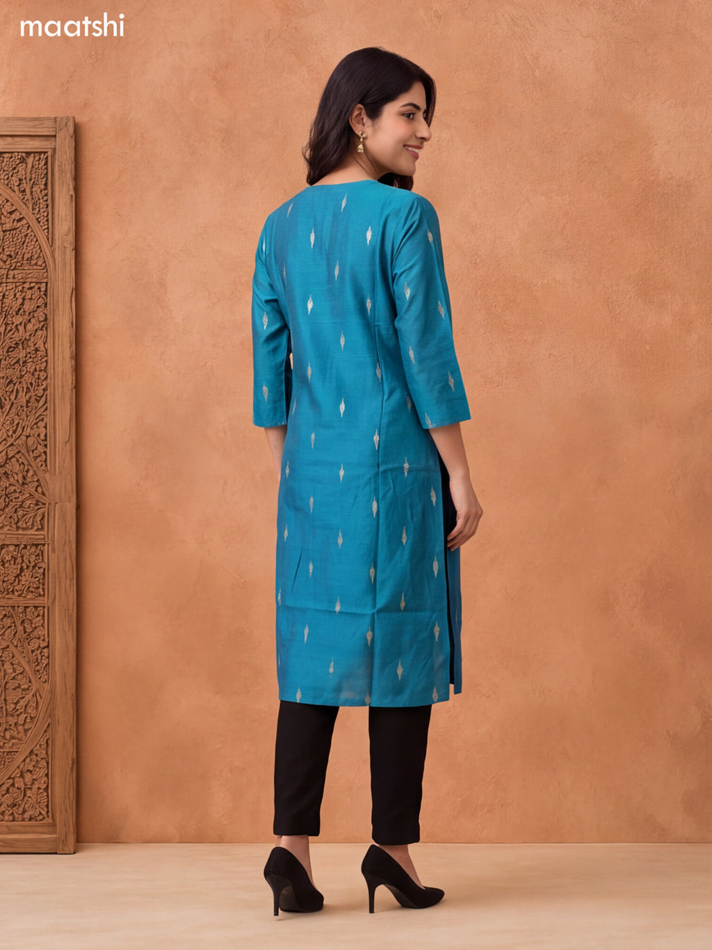 Teal Blue Art Silk Embroidery Work Long Straight Kurti