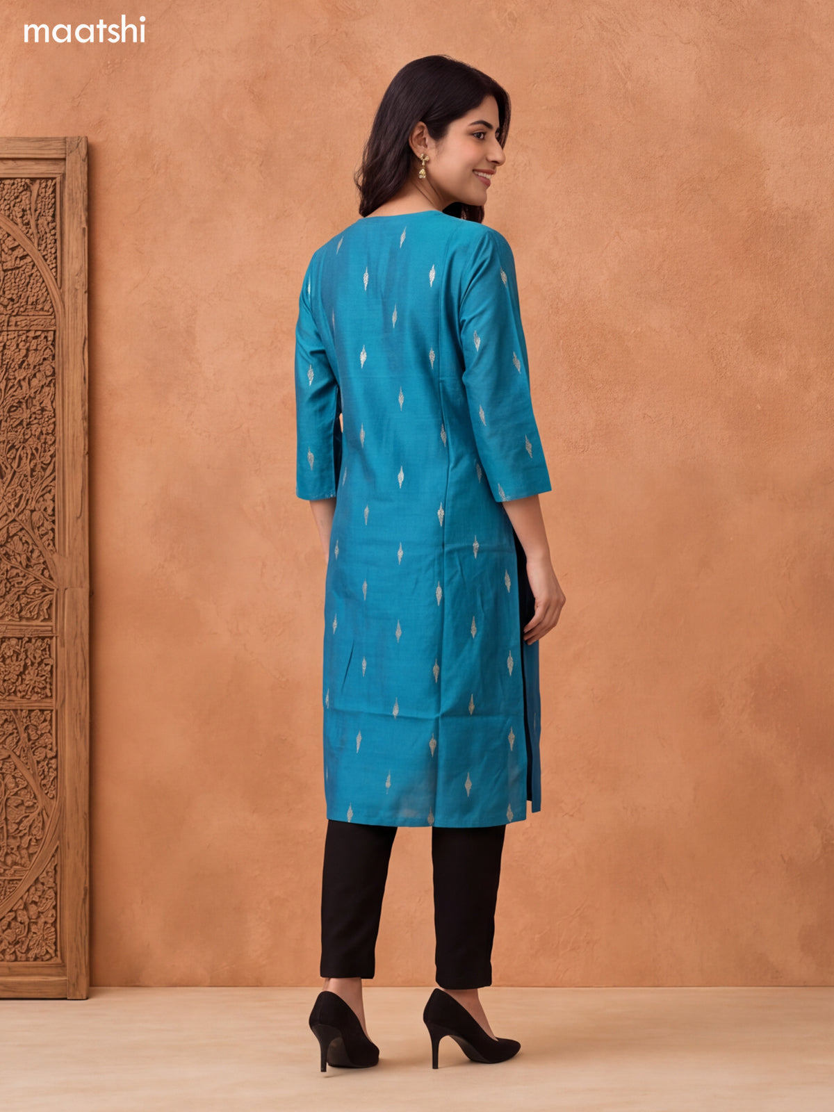 Teal Blue Art Silk Embroidery Work Long Straight Kurti