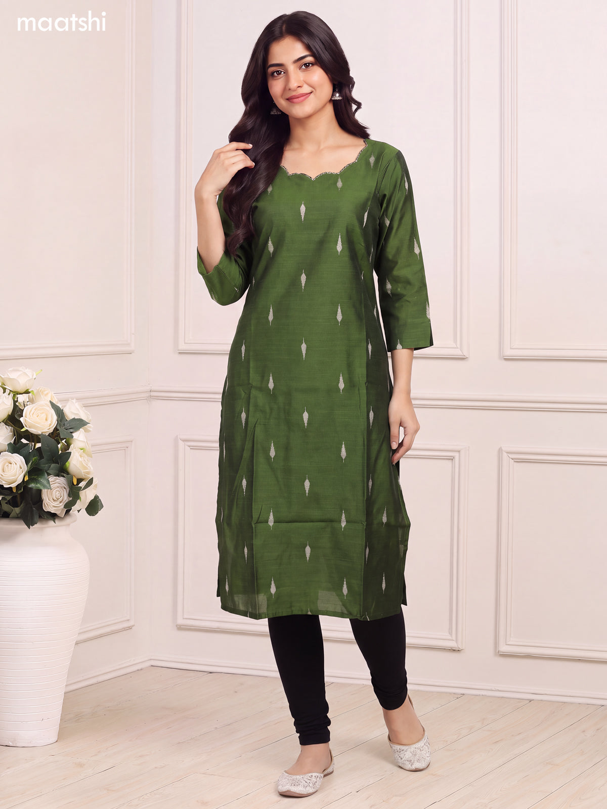 Sap Green Art Silk Embroidery Work Long Straight Kurti