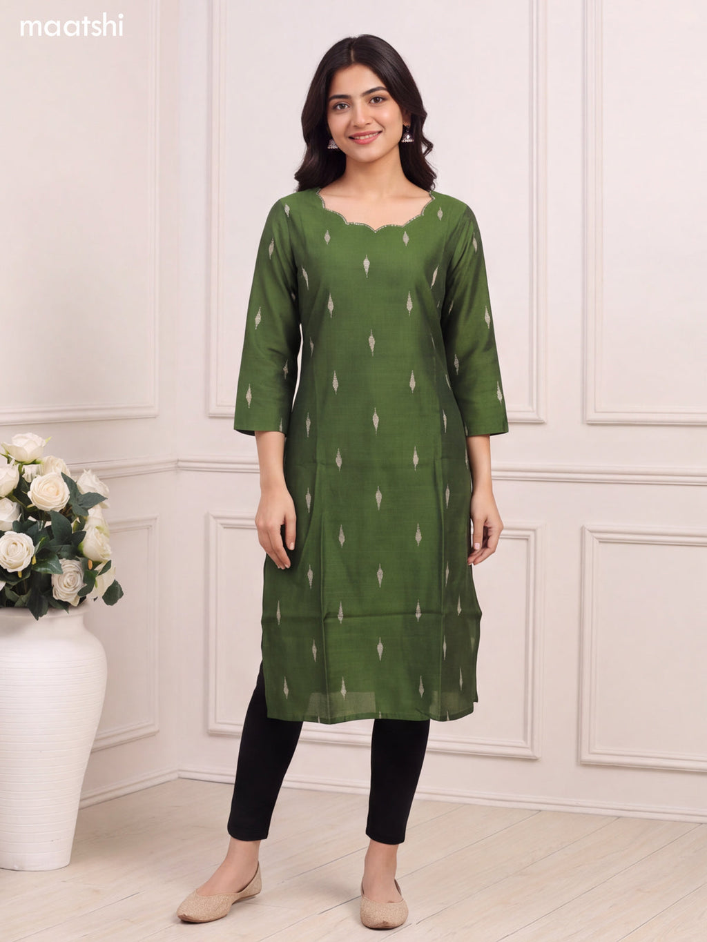 Sap Green Art Silk Embroidery Work Long Straight Kurti