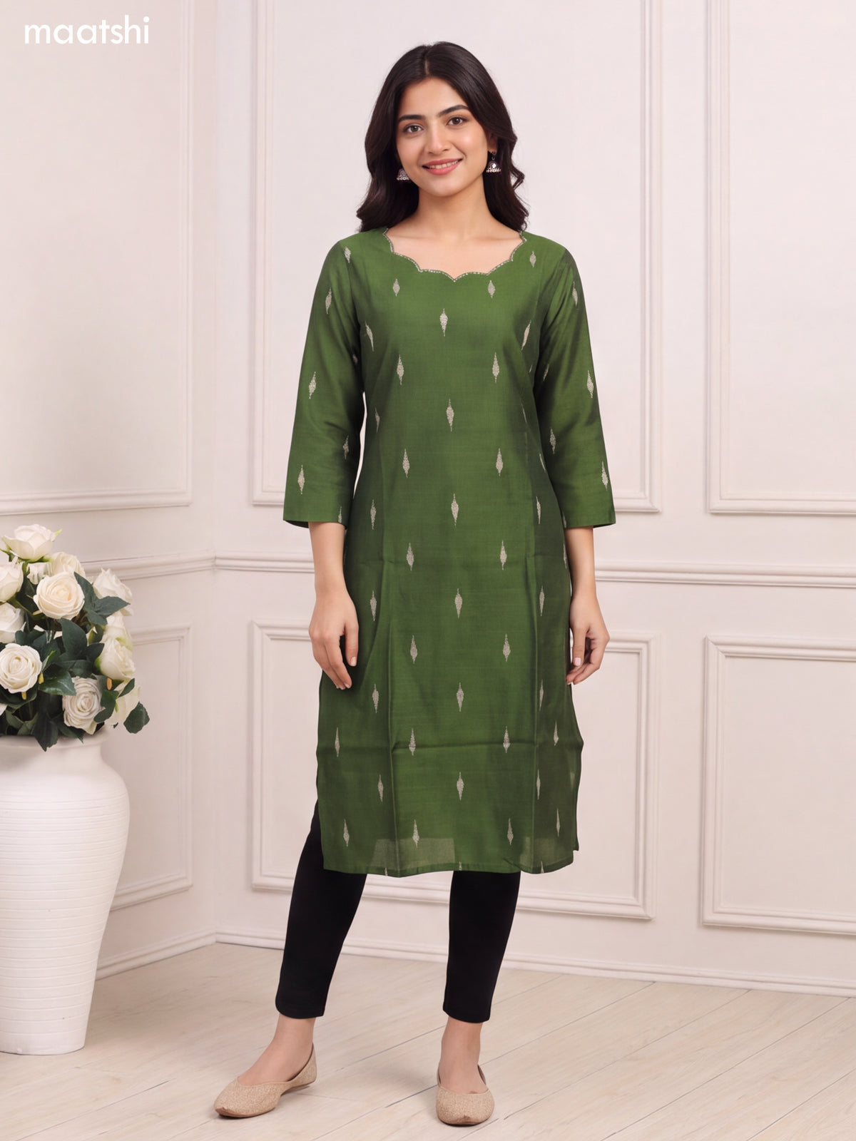 Sap Green Art Silk Embroidery Work Long Straight Kurti