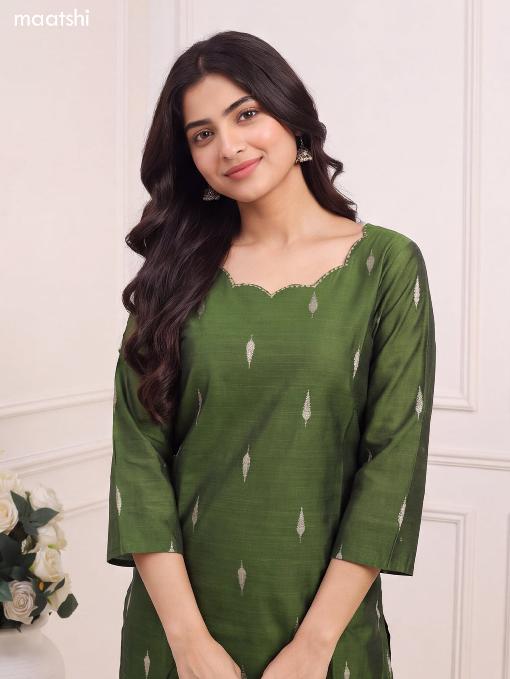 Sap Green Art Silk Embroidery Work Long Straight Kurti