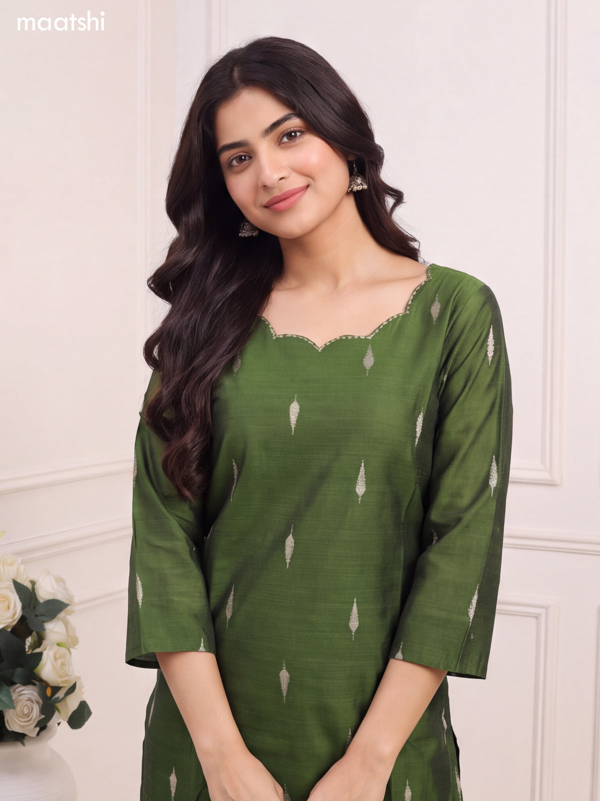 Sap Green Art Silk Embroidery Work Long Straight Kurti
