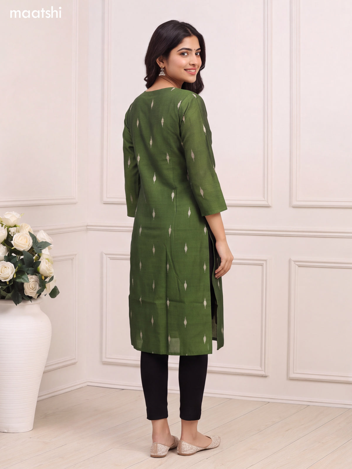 Sap Green Art Silk Embroidery Work Long Straight Kurti