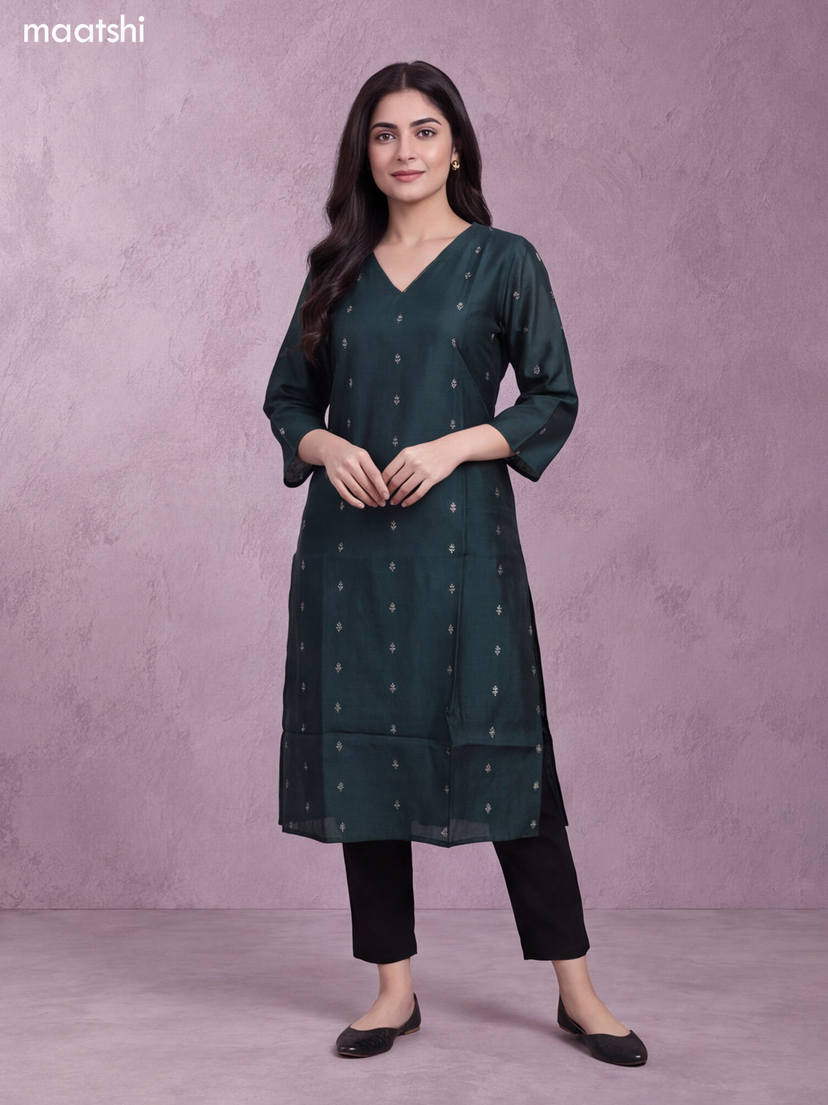 Dark Green Art Silk Embroidery Work Long Straight Kurti