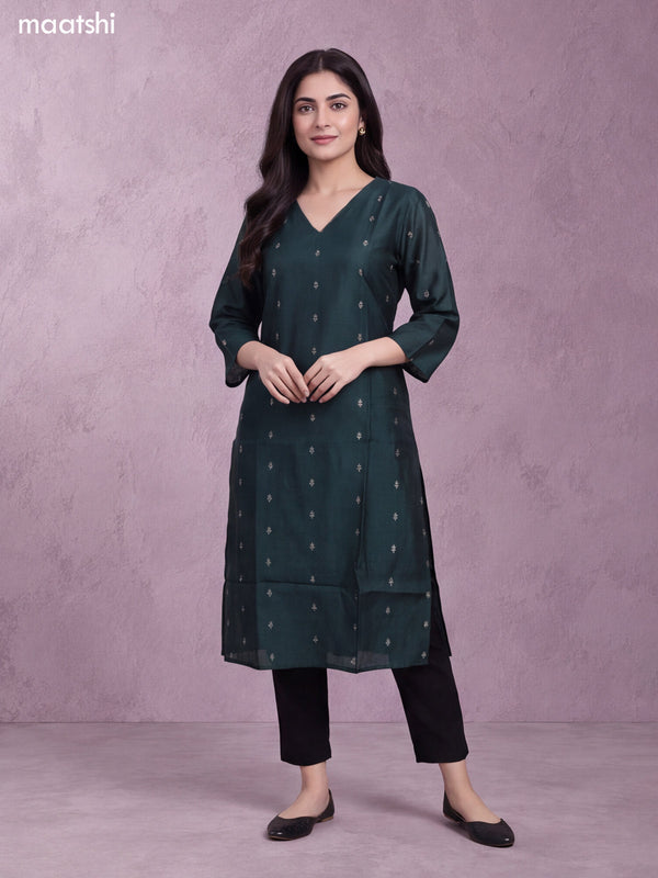 Dark Green Art Silk Embroidery Work Long Straight Kurti