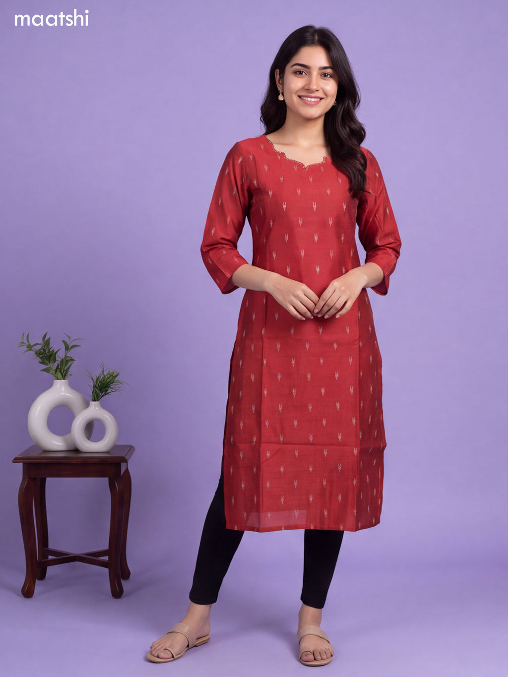 Rust Art Silk Embroidery Work Long Straight Kurti