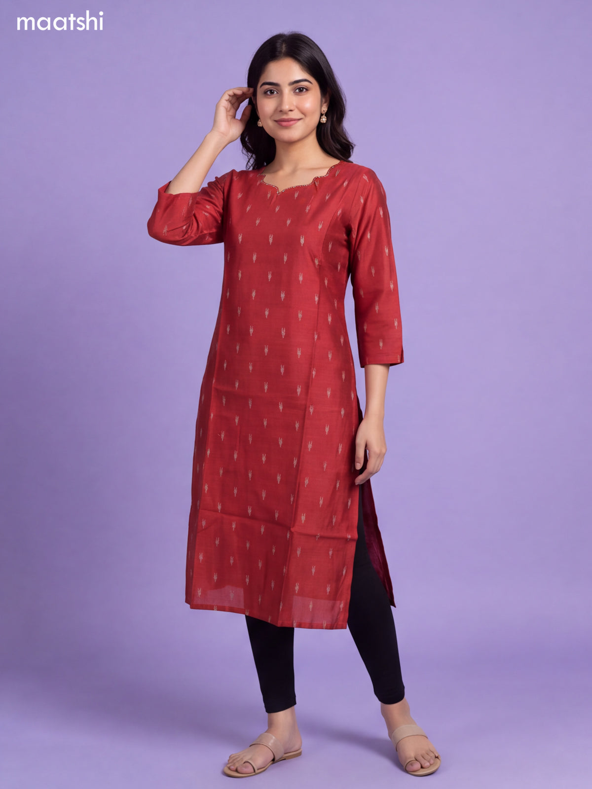 Rust Art Silk Embroidery Work Long Straight Kurti