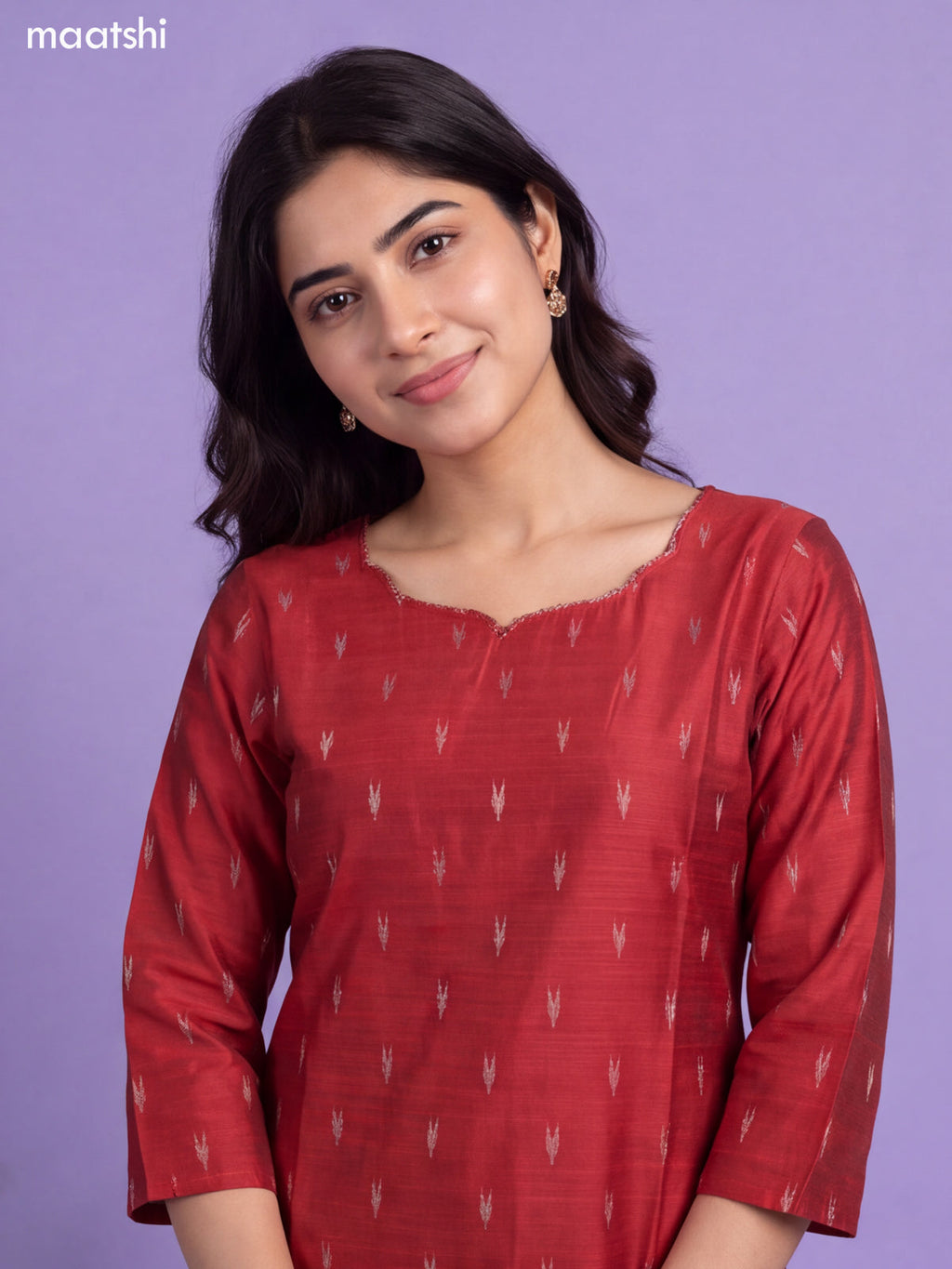 Rust Art Silk Embroidery Work Long Straight Kurti