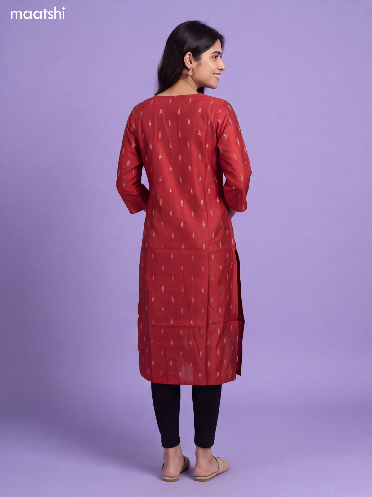 Rust Art Silk Embroidery Work Long Straight Kurti