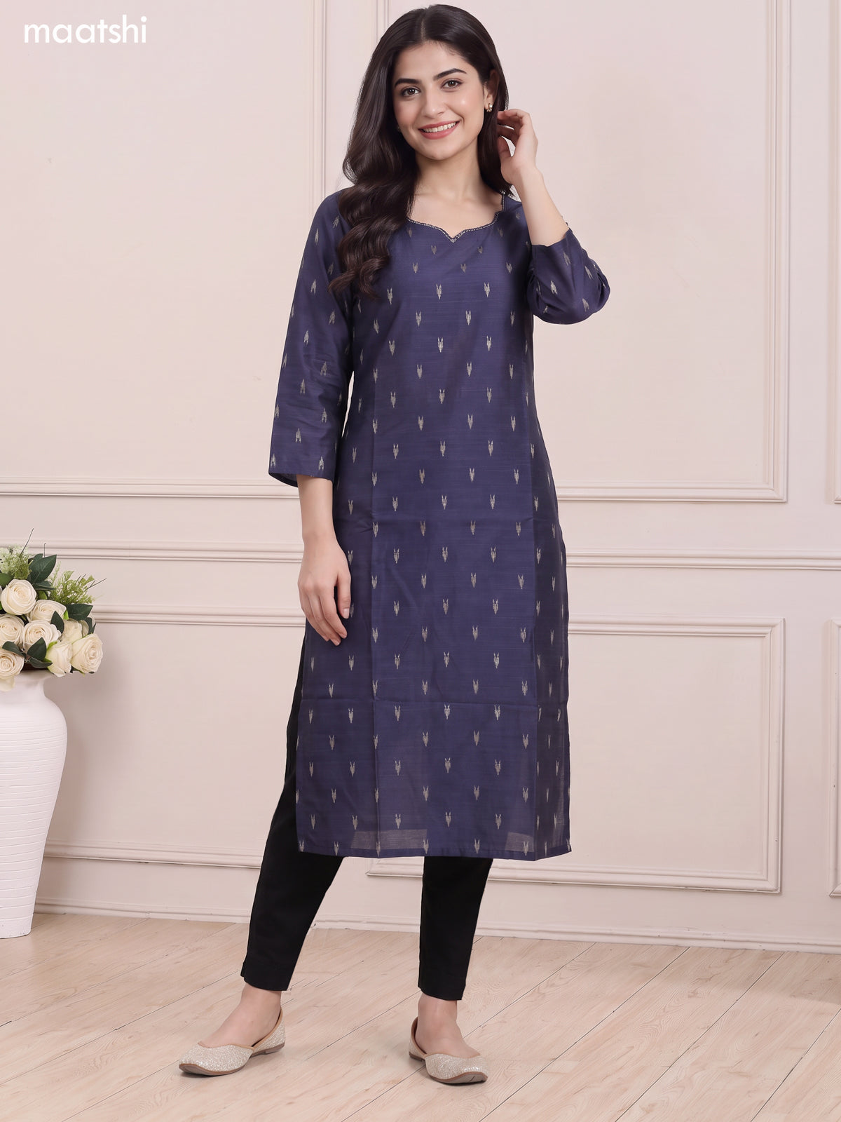 Dark Grey Art Silk Embroidery Work Long Straight Kurti