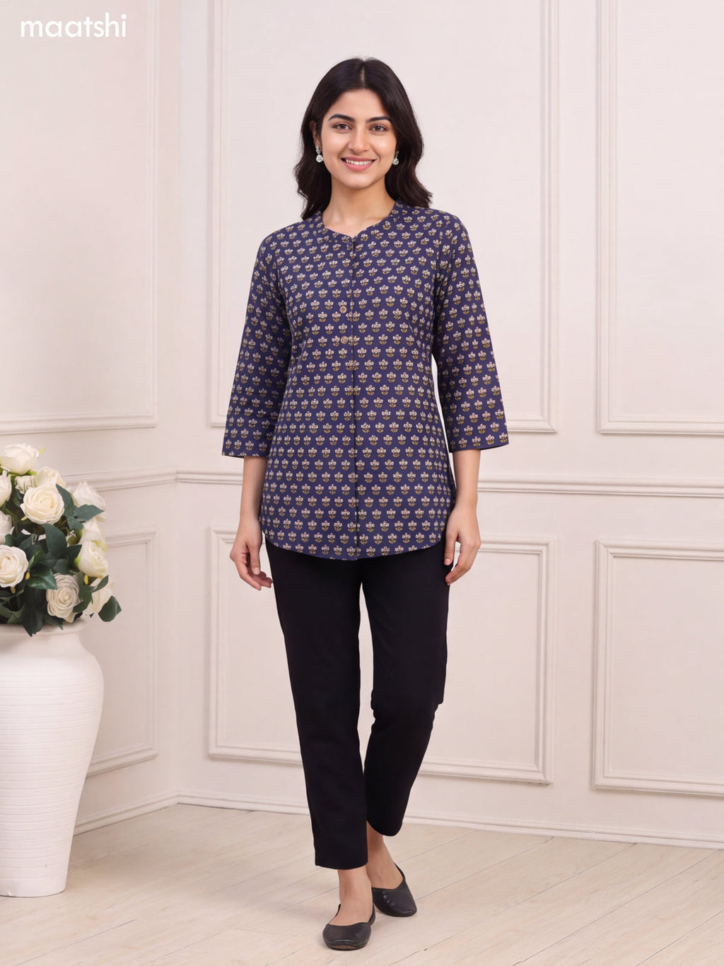 Deep Navy Blue Cotton Printed Short Kurti
