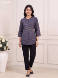 Deep Navy Blue Cotton Printed Short Kurti