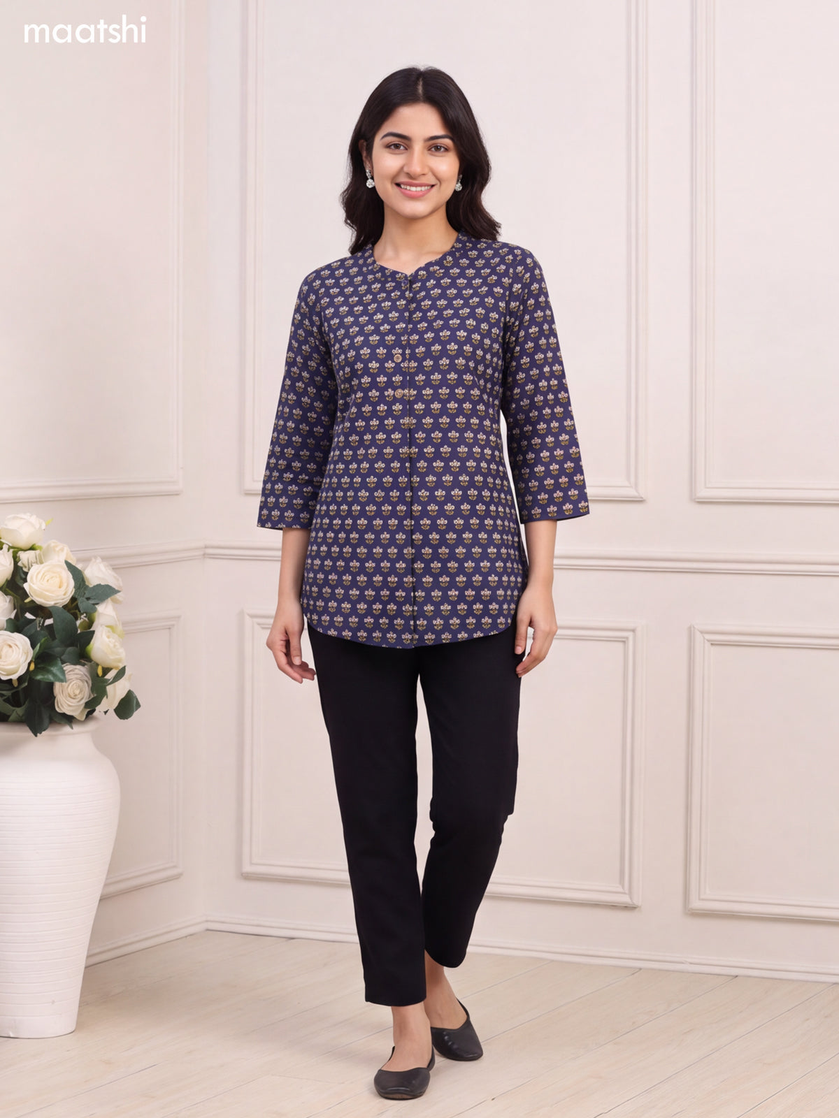 Deep Navy Blue Cotton Printed Short Kurti