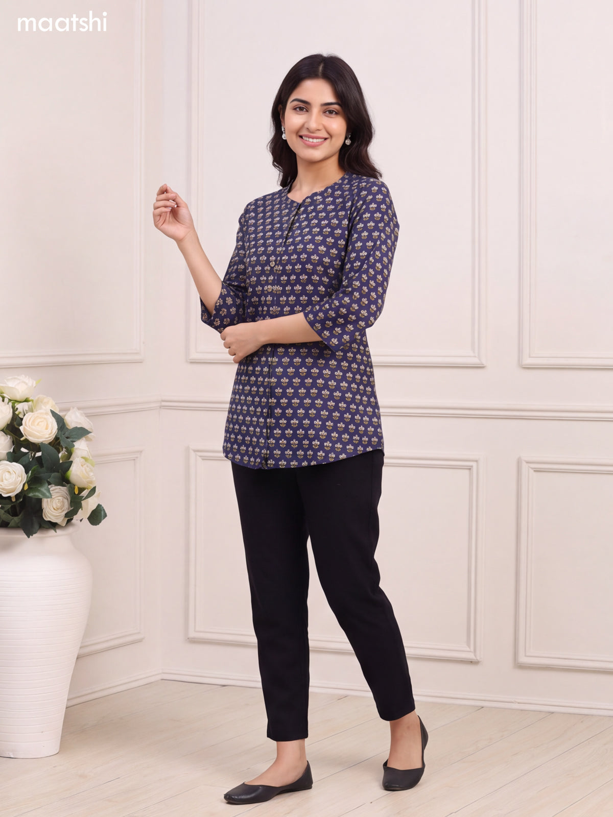 Deep Navy Blue Cotton Printed Short Kurti