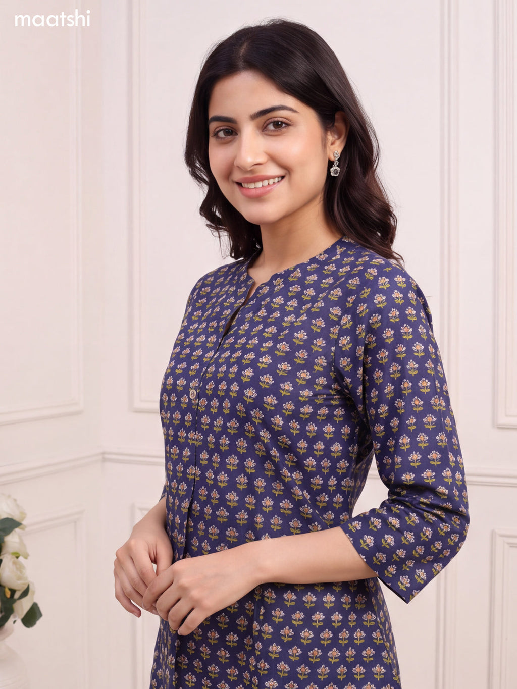 Deep Navy Blue Cotton Printed Short Kurti