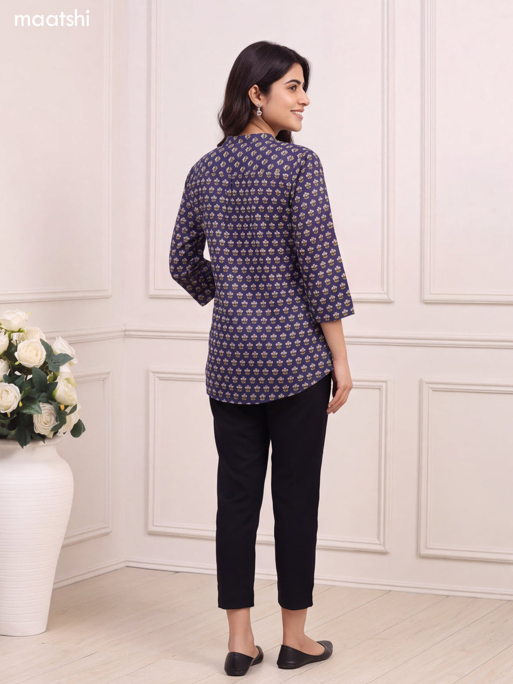 Deep Navy Blue Cotton Printed Short Kurti