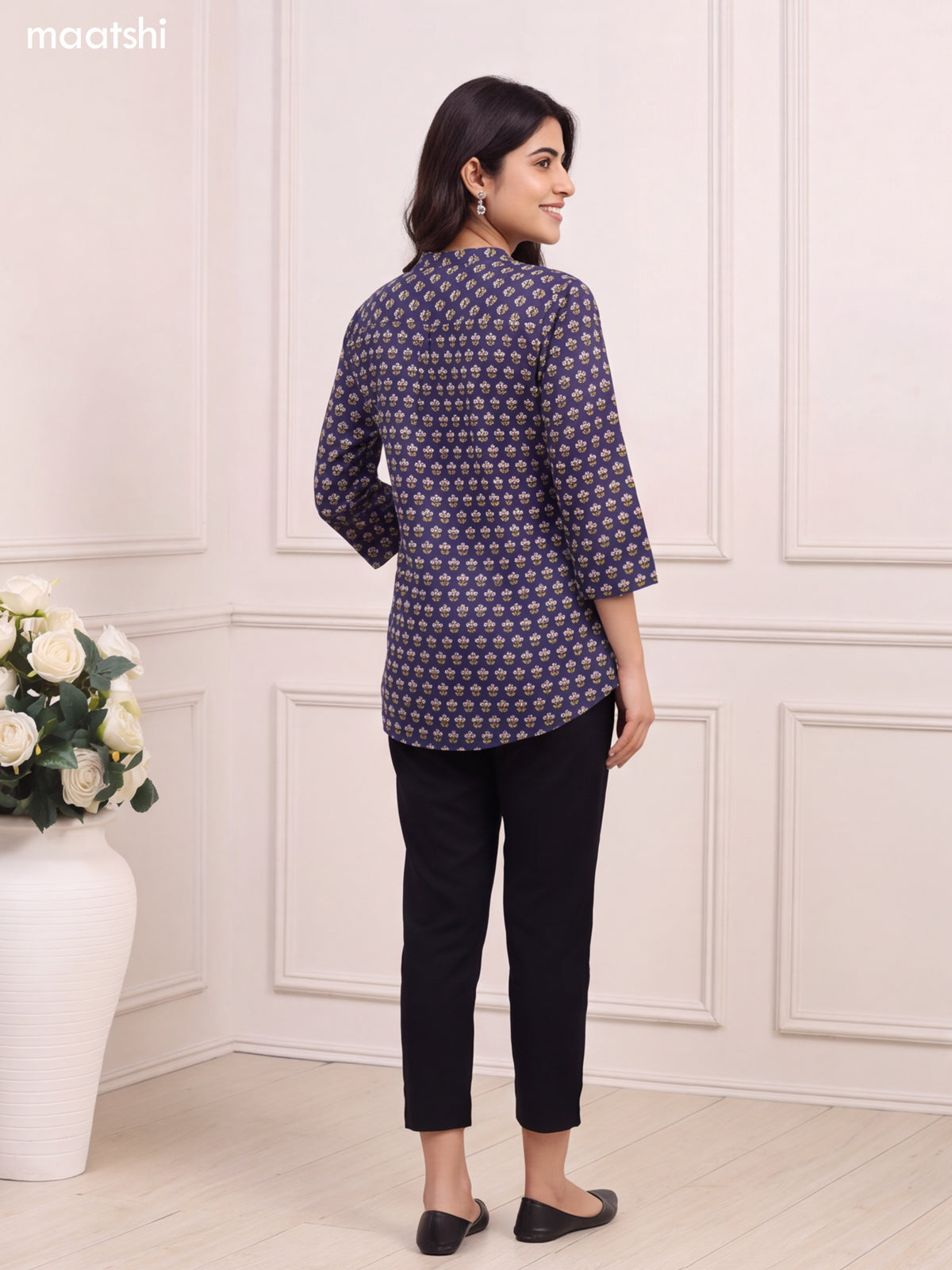 Deep Navy Blue Cotton Printed Short Kurti