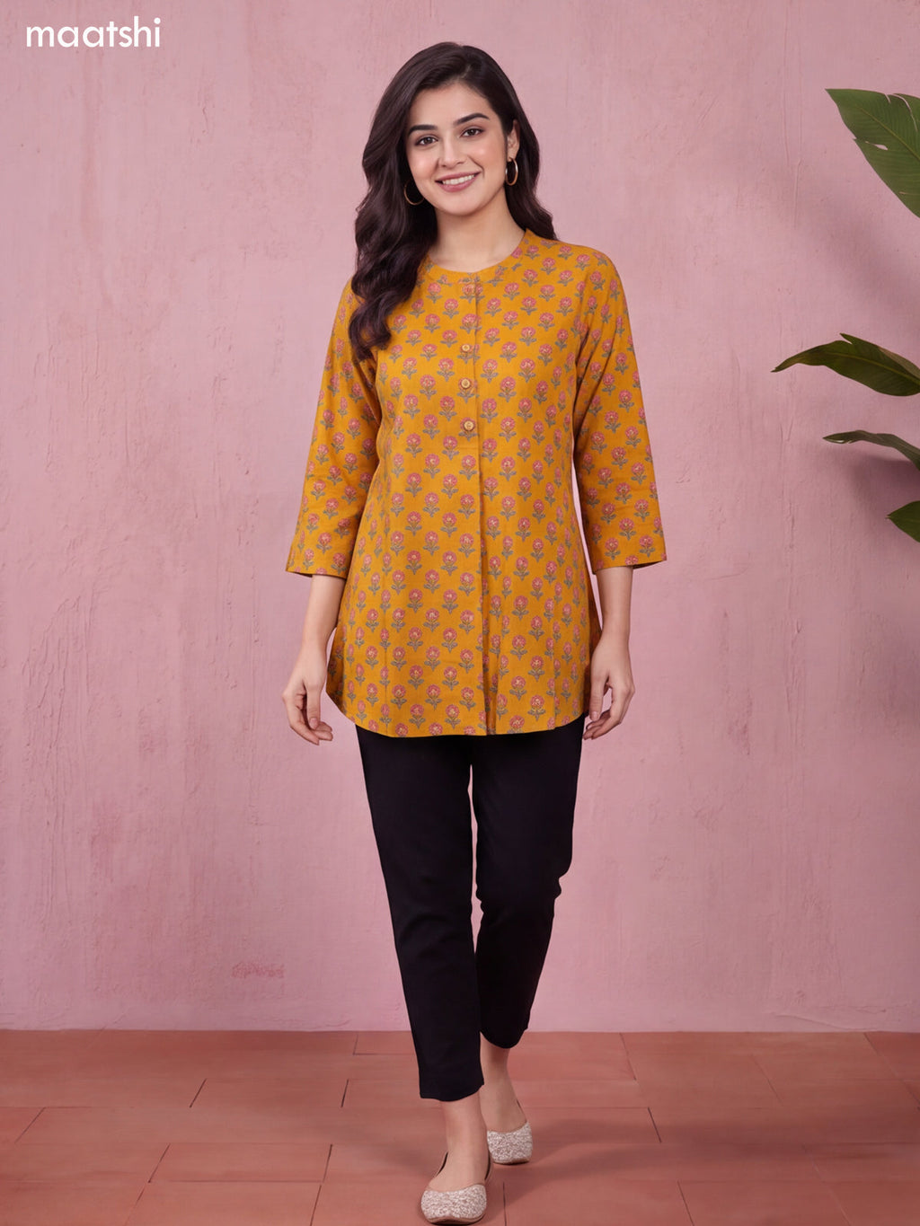 Dark Mustard Cotton Printed Short Kurti