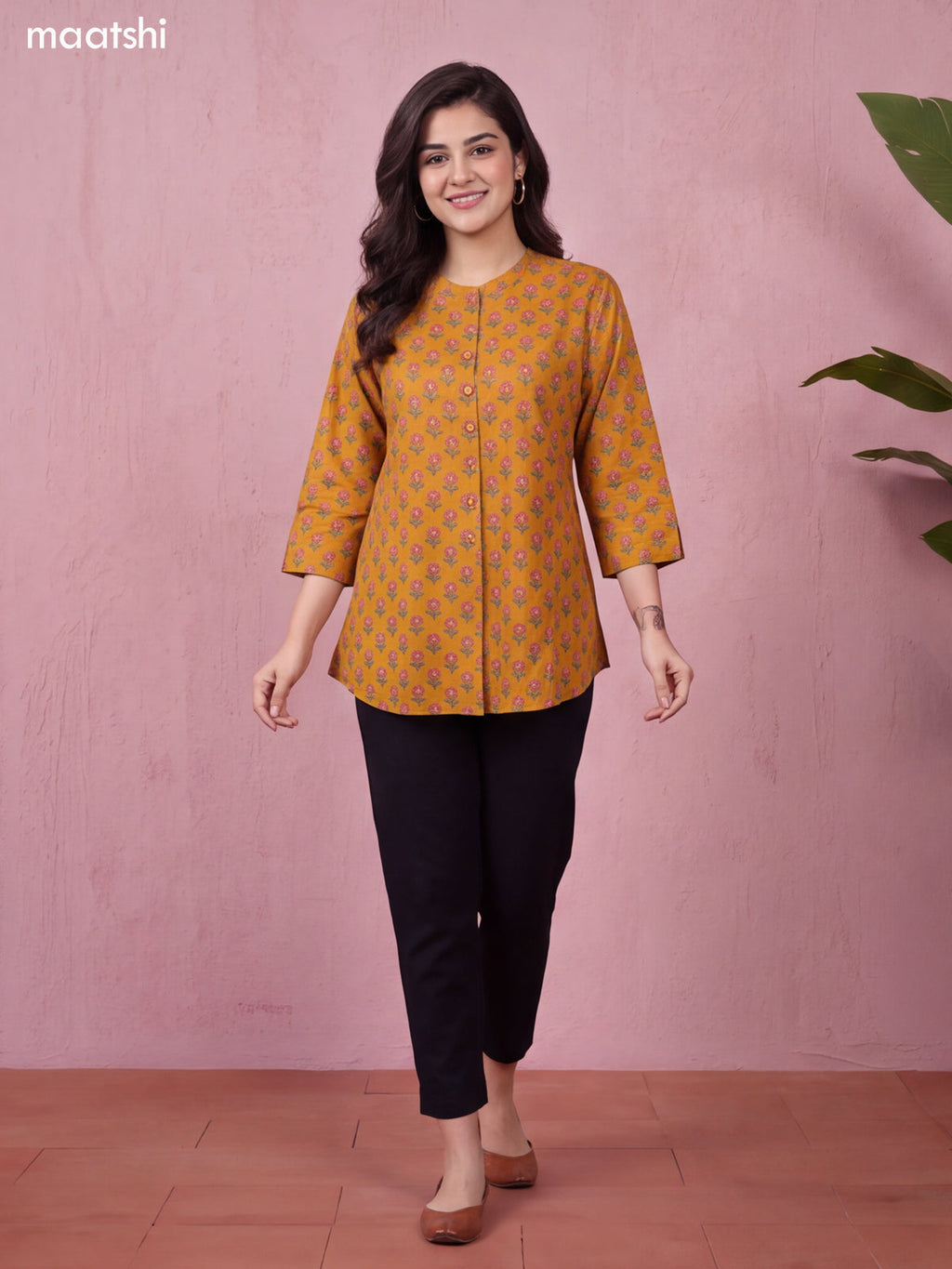 Dark Mustard Cotton Printed Short Kurti