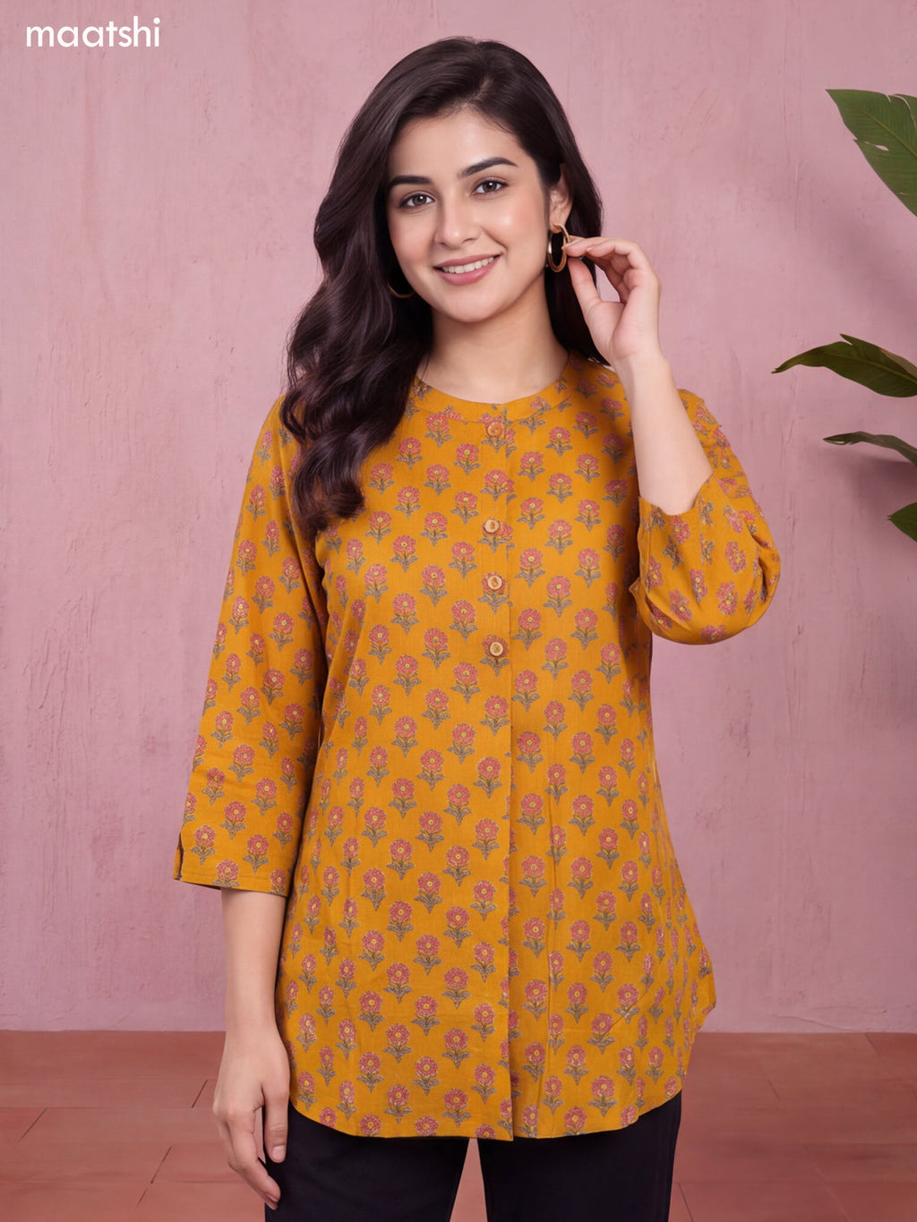 Dark Mustard Cotton Printed Short Kurti