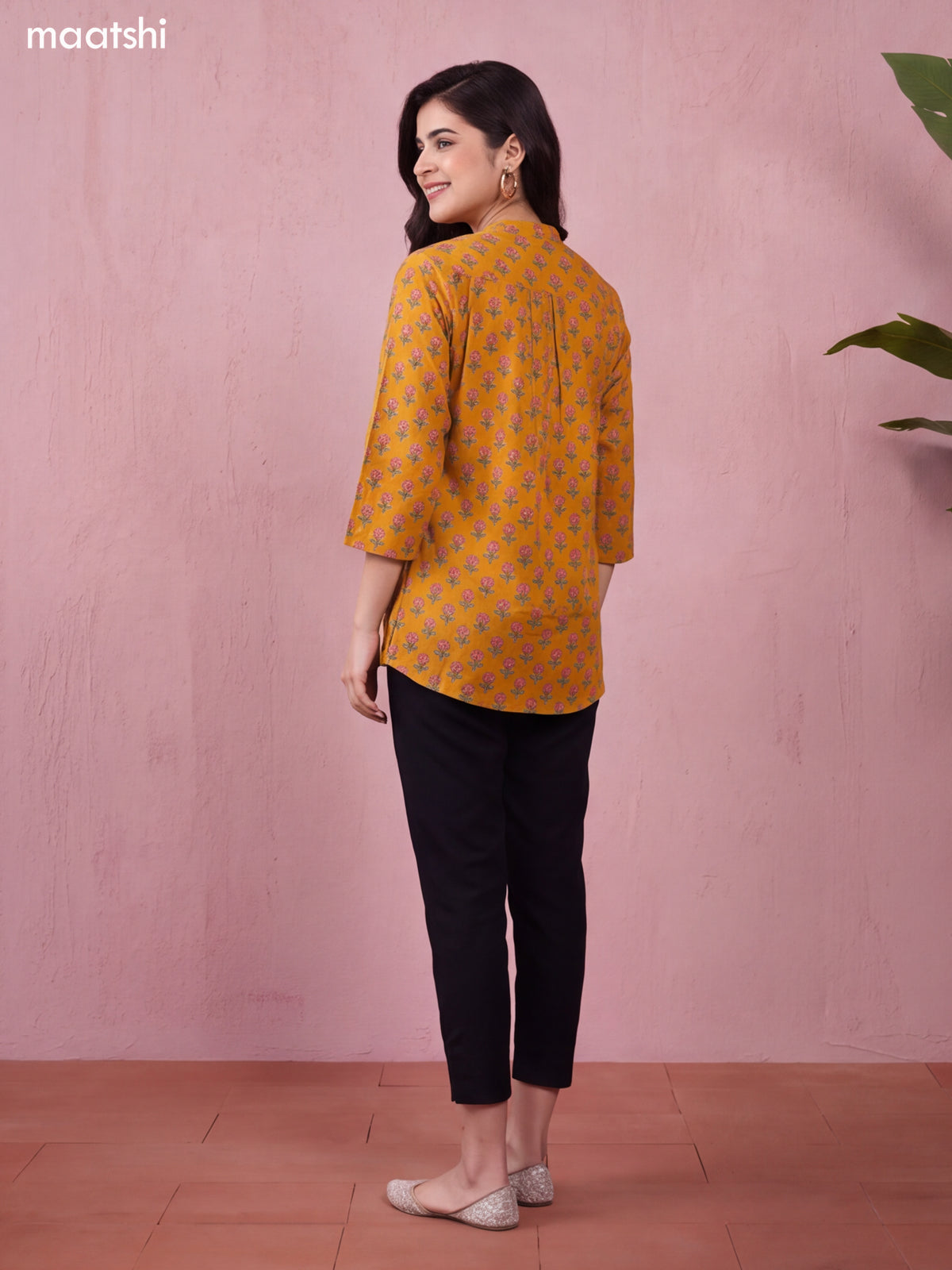 Dark Mustard Cotton Printed Short Kurti