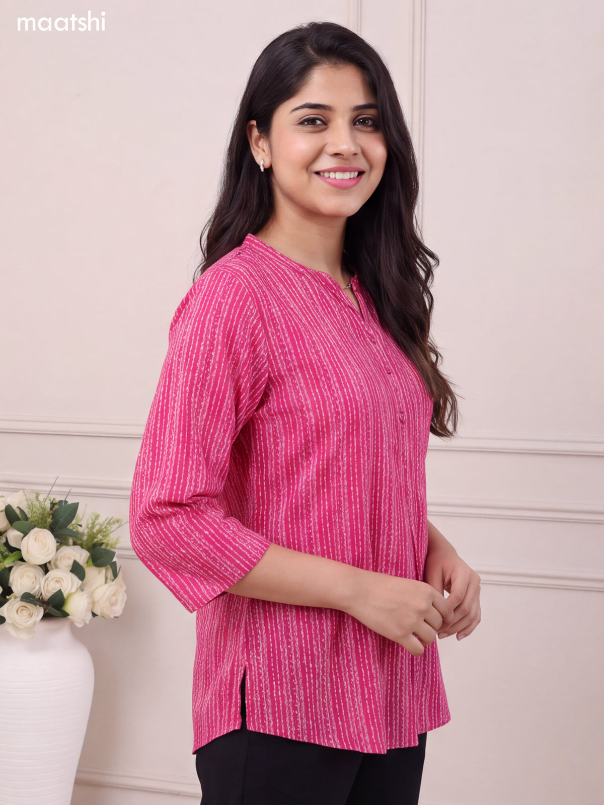 Dark Pink Cotton Printed Short Kurti