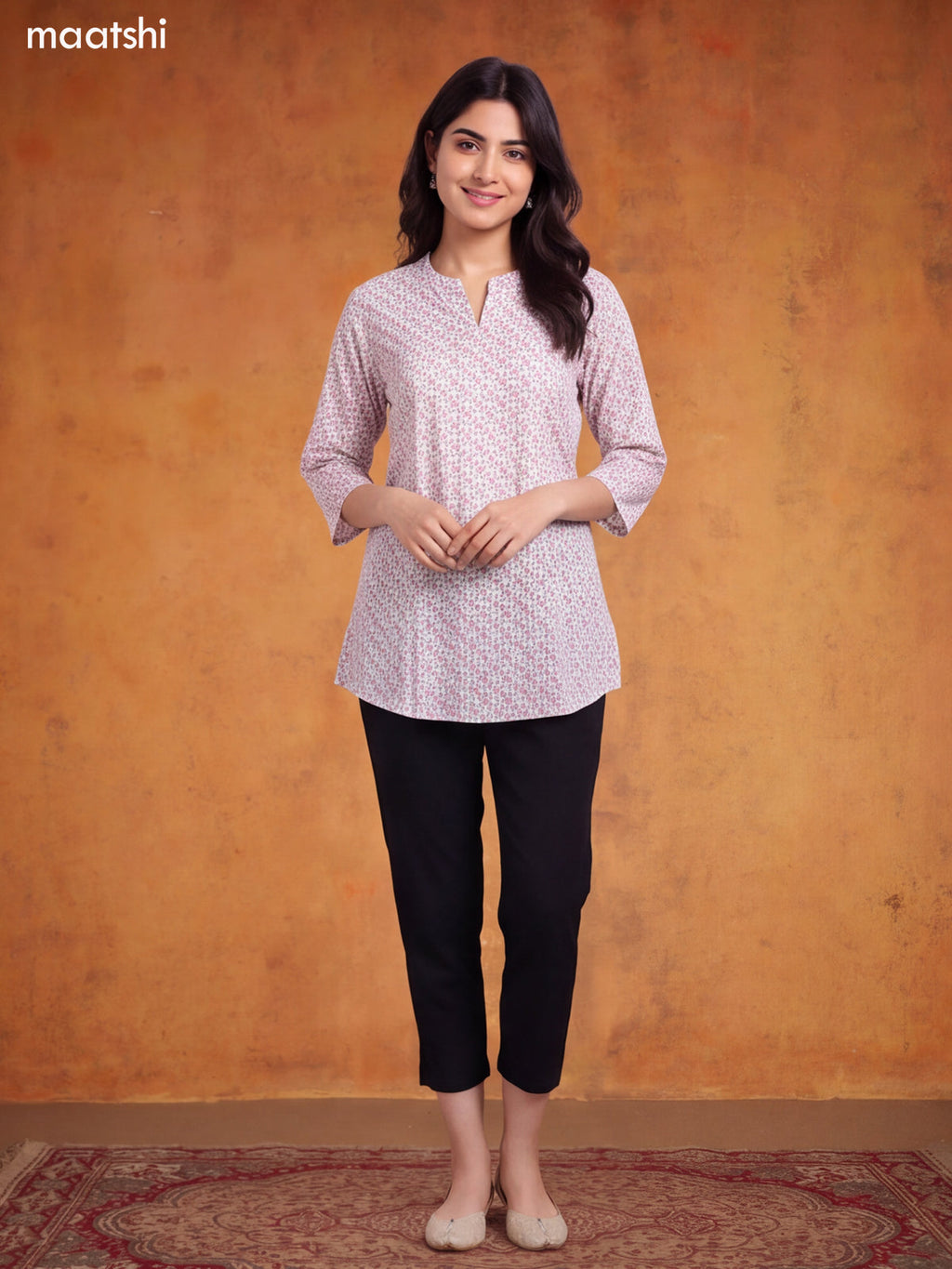 Off White Cotton Printed Short Kurti