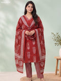 Dark Rust Cotton Printed & Embroidery Work Straight Suit