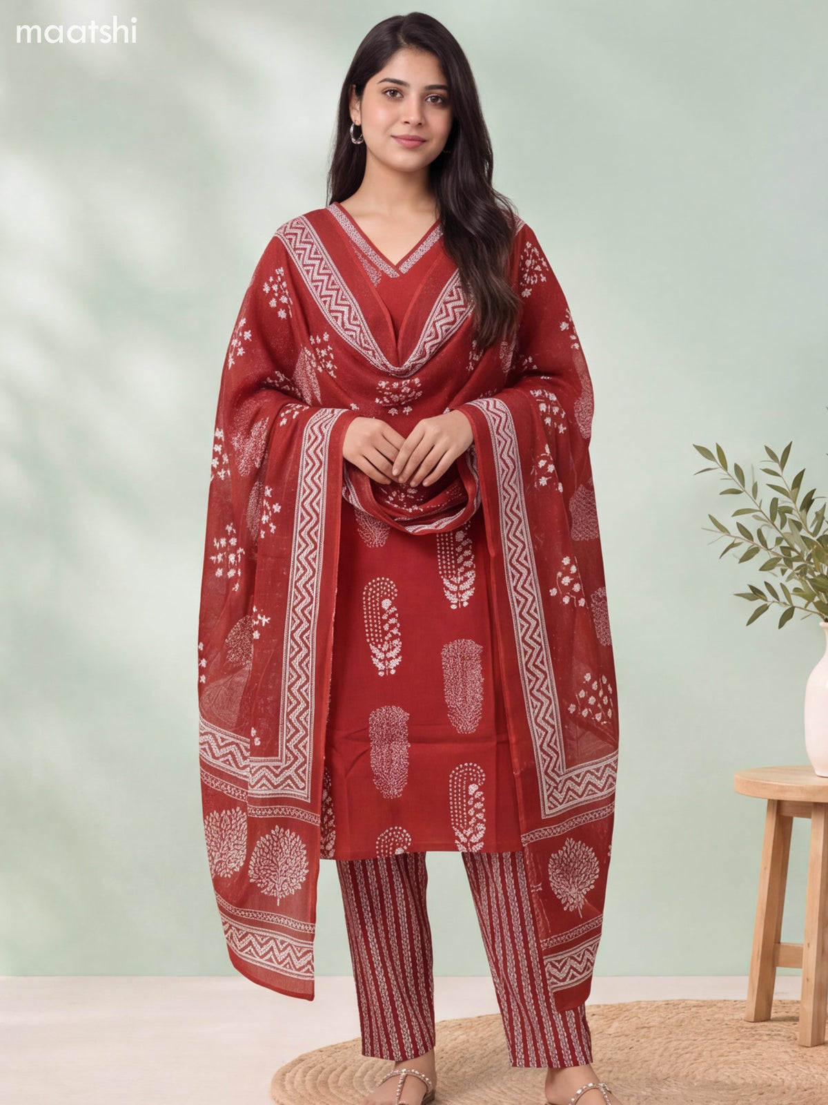 Dark Rust Cotton Printed & Embroidery Work Straight Suit